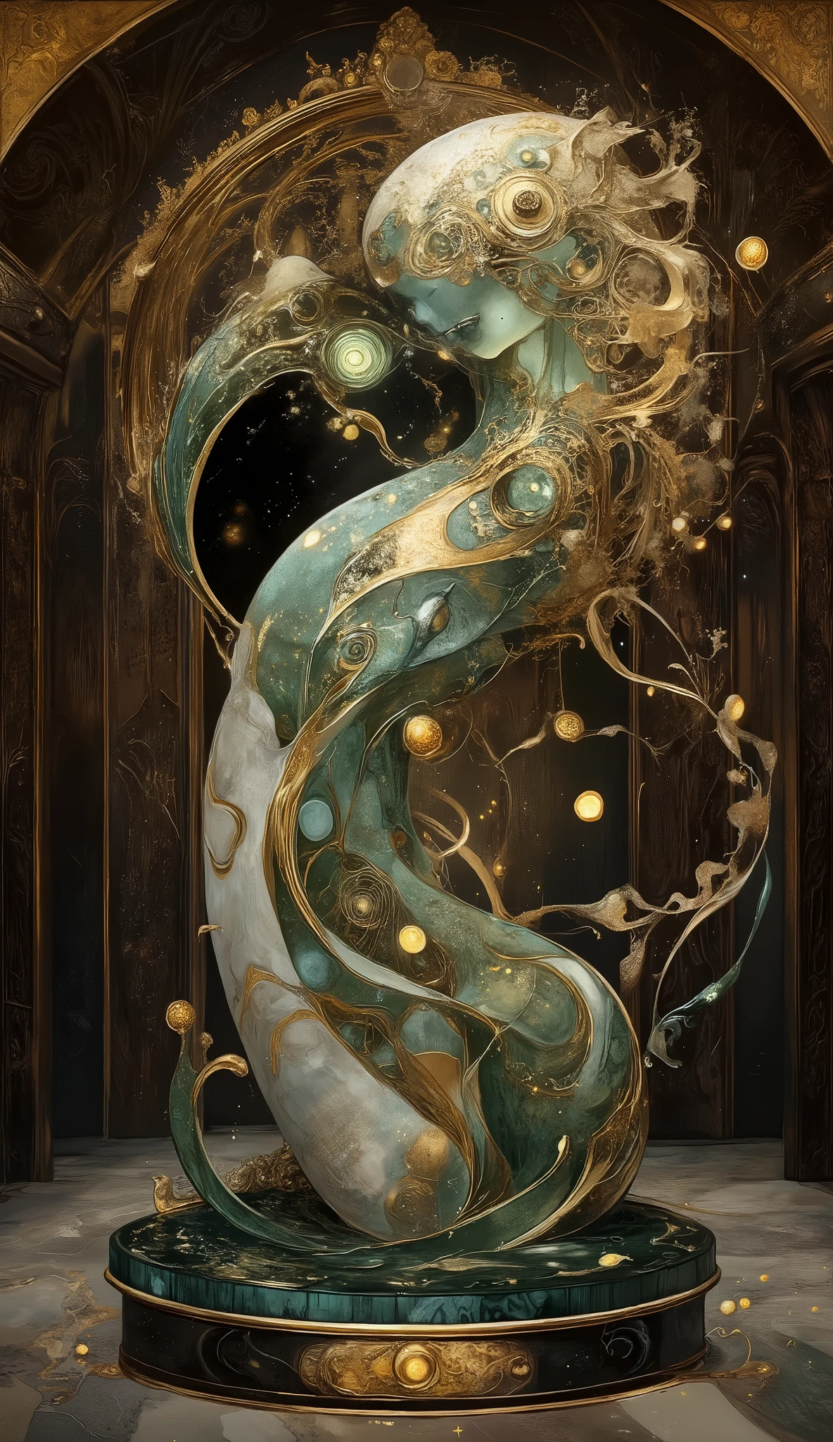 An ornate, bio-organic statue reminiscent of Art Nouveau style sits atop a circular platform in the heart of a sumptuous, dark wood-paneled room. The statue, predominantly green and silver, features intricate, flowing lines and curves. Ethereal, luminous wisps of light swirl around it. The room's lavish gold details contrast sharply with the statue's alien form, creating a surreal juxtaposition. A subtle light source illuminates the scene from above.