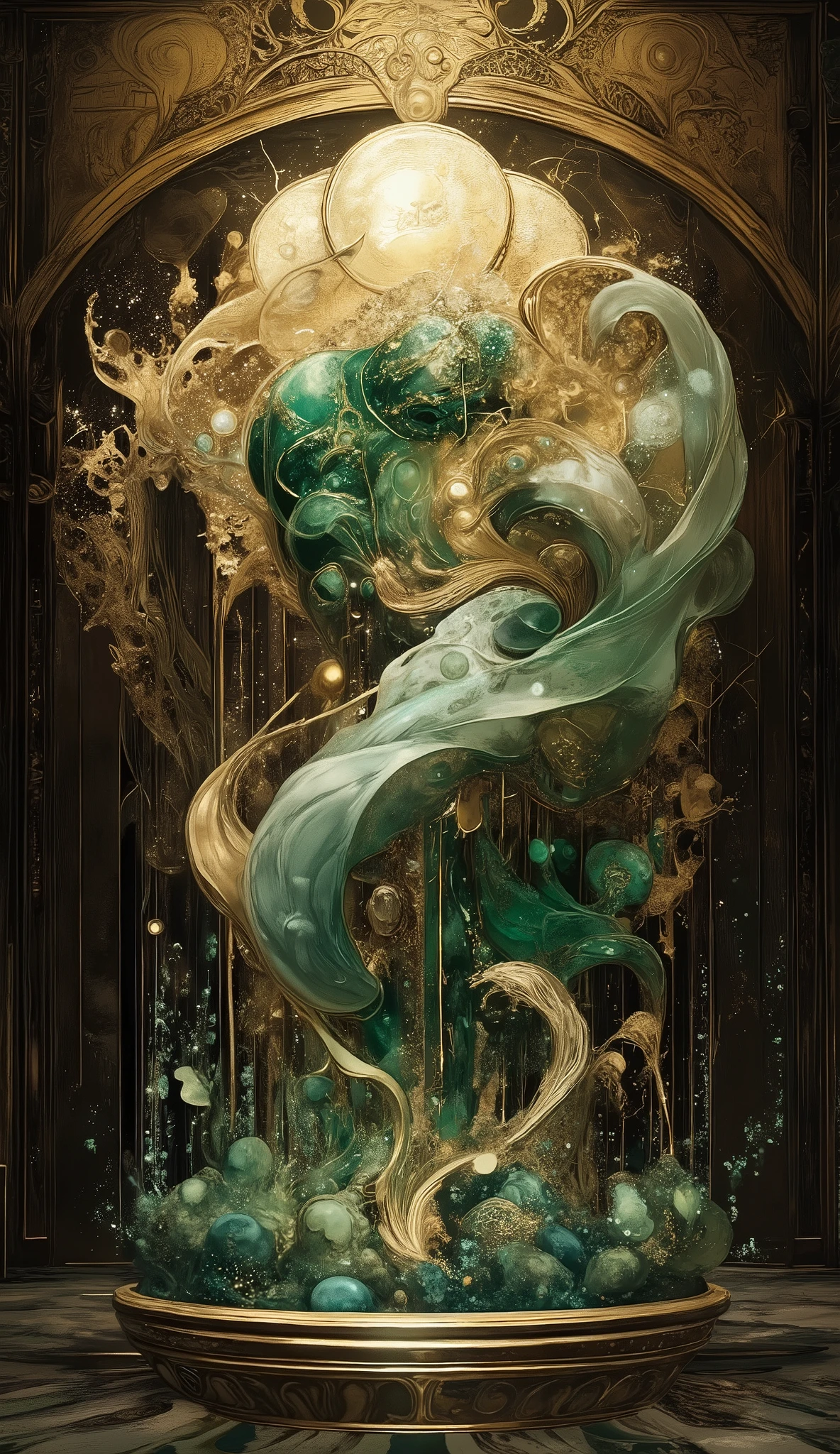 An ornate, bio-organic statue reminiscent of Art Nouveau style sits atop a circular platform in the heart of a sumptuous, dark wood-paneled room. The statue, predominantly green and silver, features intricate, flowing lines and curves. Ethereal, luminous wisps of light swirl around it. The room's lavish gold details contrast sharply with the statue's alien form, creating a surreal juxtaposition. A subtle light source illuminates the scene from above.