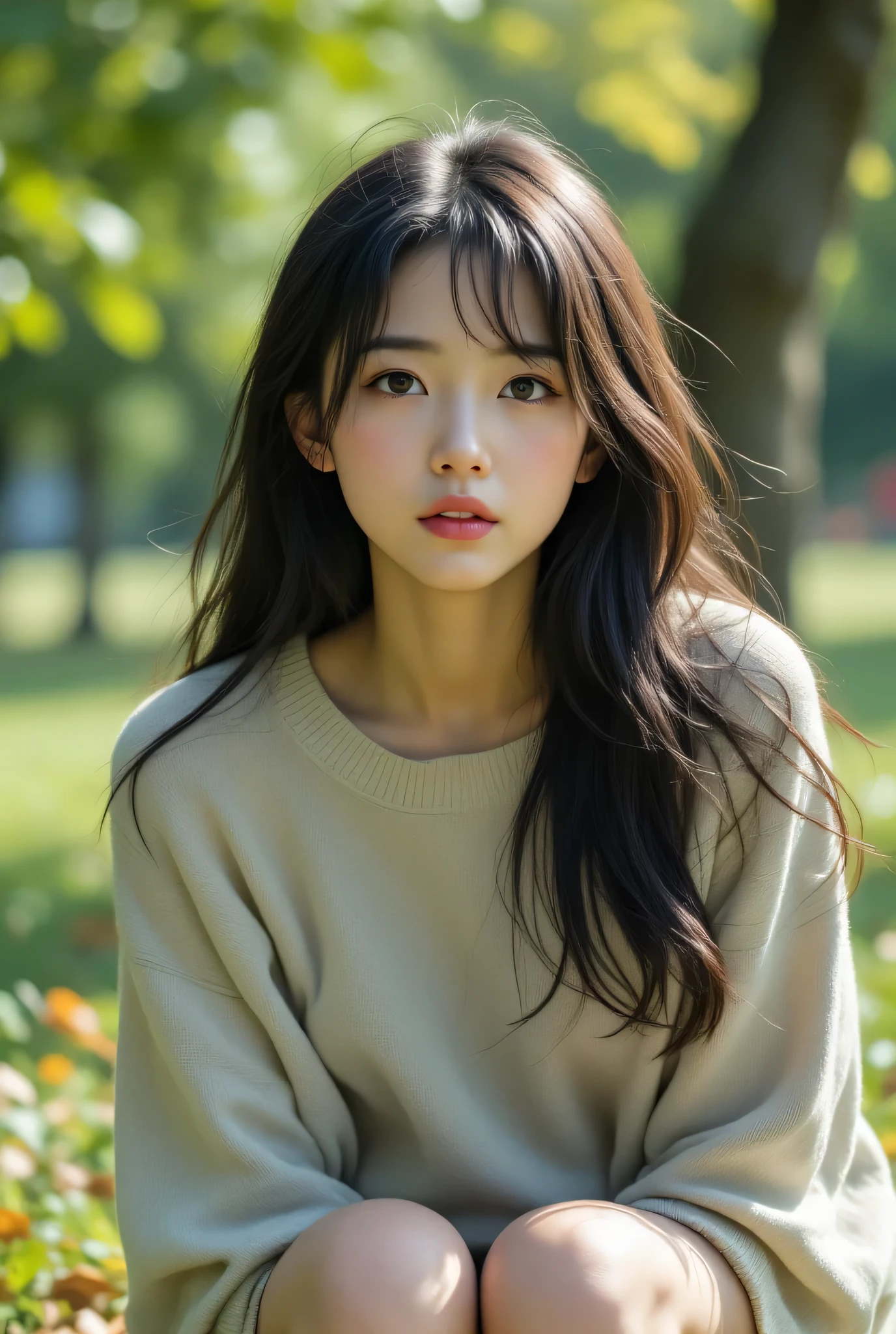 masterpiece, Highest Quality, high resolution, Picture, very detailed, Beautiful light brown nipples peeking out from above the head of a young Japanese woman crouching in the park and into her clothes over her shoulders, very small breasts, loose sweater, Miniskirt, long black hair, Cute, ashamed face, light brown areolas seen from clothes, low angle, Flat breasts seen from above head, 