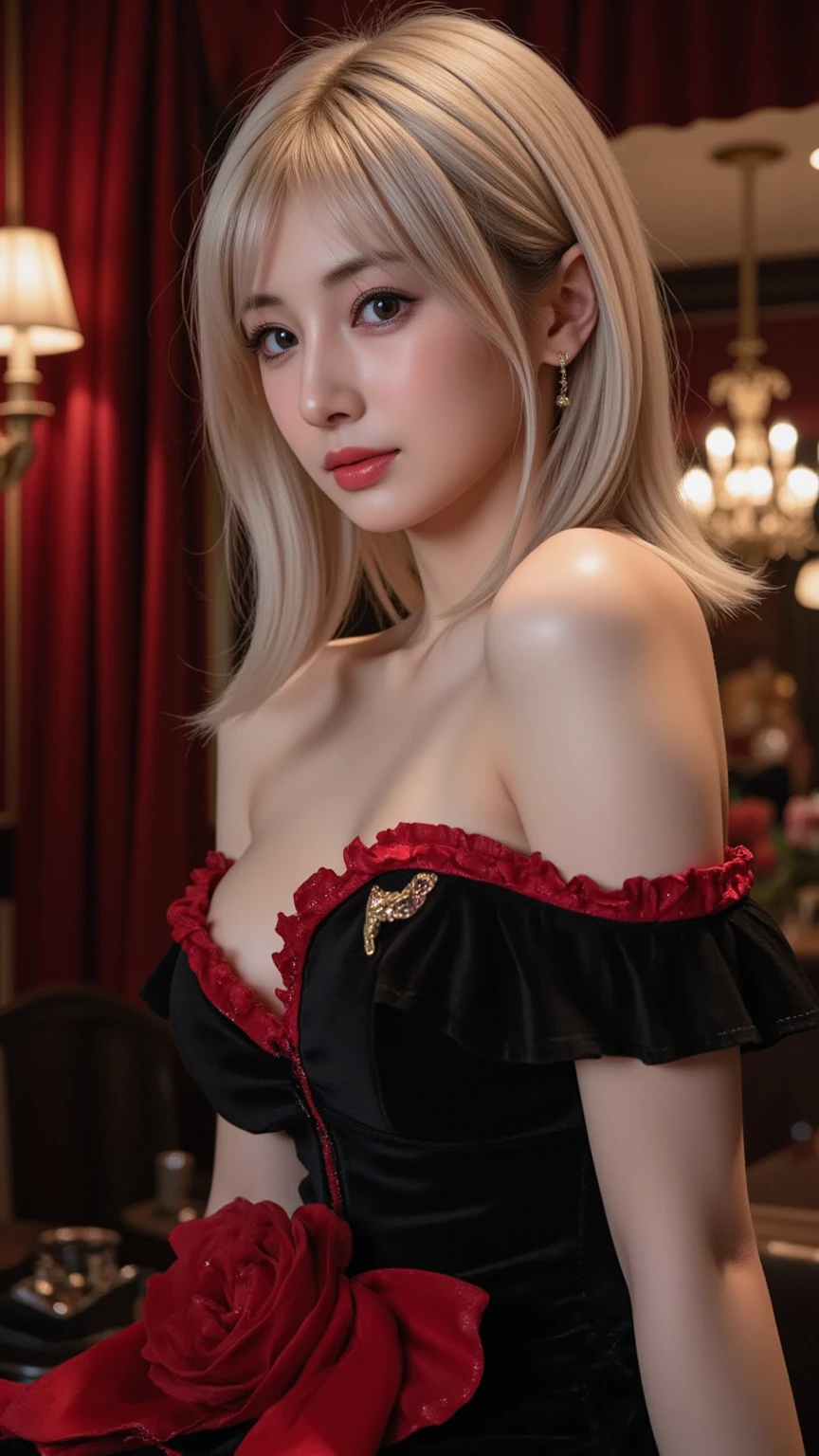 (Hyper Realistic), Ancient Shrine Maiden, Female Shaman, Huge Beauty, Peace of Mind, High Resolution, Real Short Hair, Blonde, Blonde Woman, Detailed Skin Texture, Ultra High Resolution, Realistic, Plump Figure, Smile, Middle-aged beauty, beautiful expression, detailed red-black areola, small purple airy long blonde hair, divine spirit, very delicate and detailed skin texture, 35 female shamans, (ancient gorgeous, luxurious temple), ancient priestess, big cleavage, plunging neckline, big red lips, (luxurious black costume and luxurious accessories), I have a gorgeous platinum cane