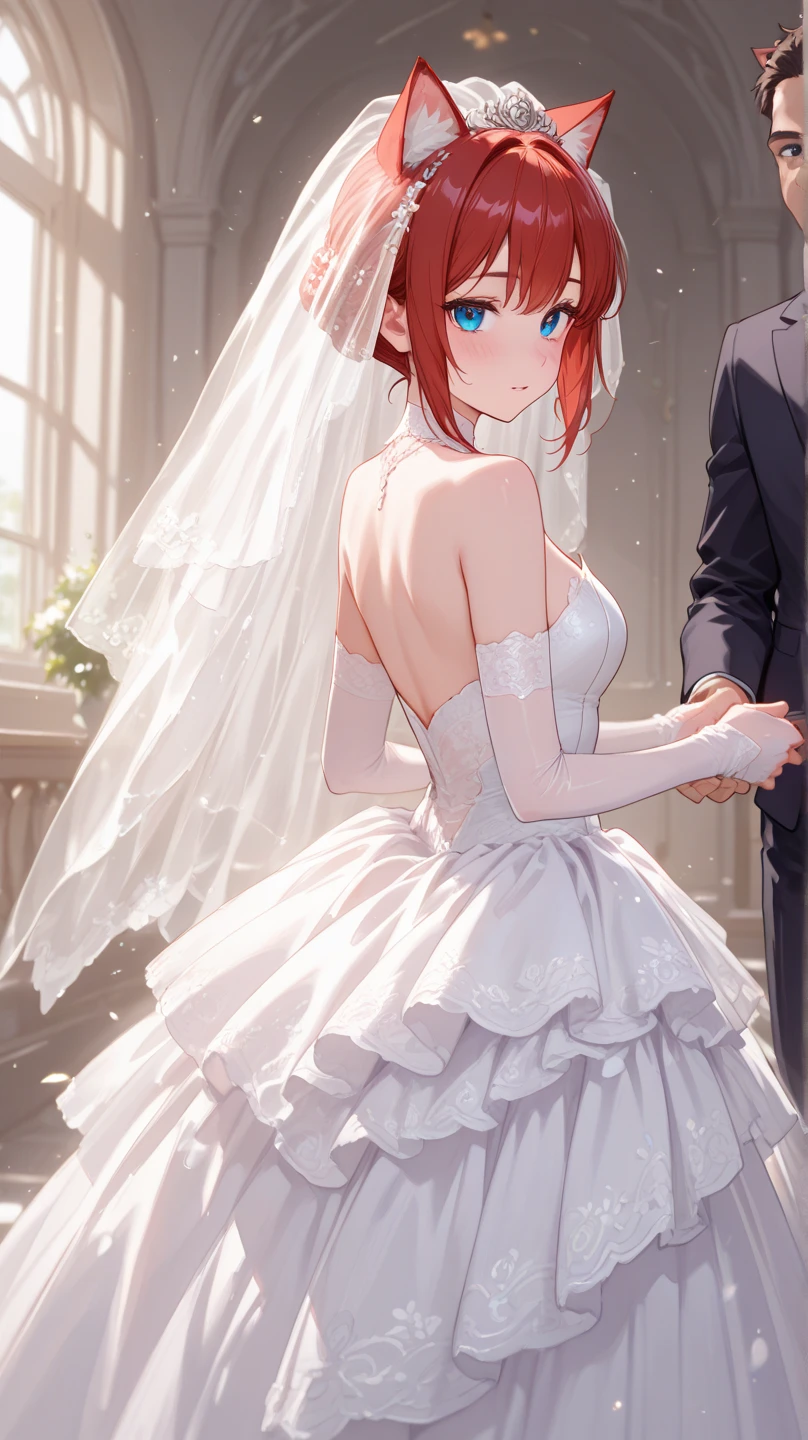 (masterpiece, best quality:1.5), (ultra detailed, high resolution, 8k, beautiful detailed, UHD, best anatomy), 1 cute girl, red hair, medium breasts, wedding dress, bridal veil, flower, wedding hall, Happy face