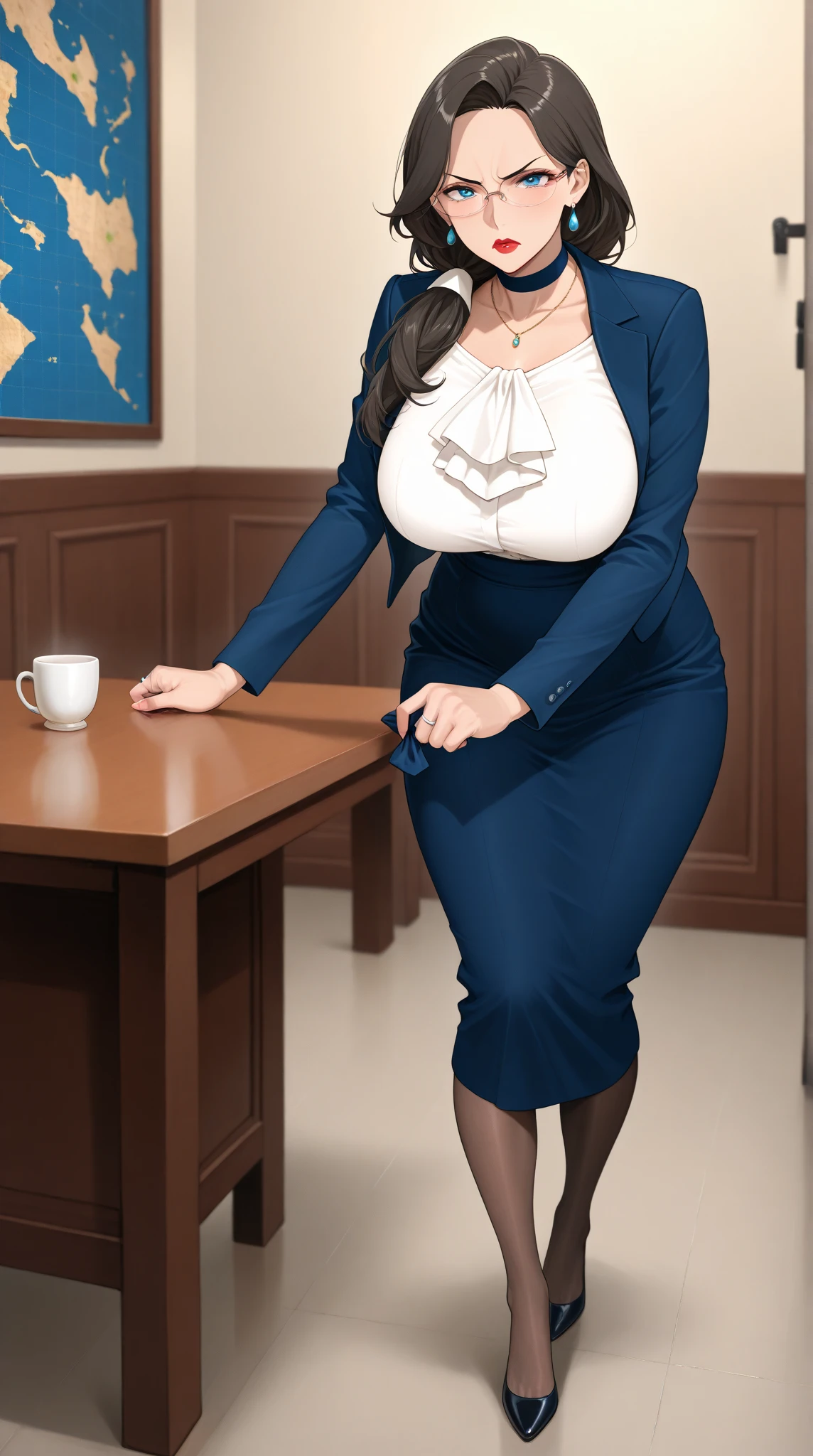 (masterpiece:1.37), best quality, (extremely detailed:1.37), office, window overlooking a bustling cityscape, woman, (mature:1.75), (very long hair:1.25), dark purple hair, purple eyes, (extremely detailed eyes:1.37) shining eyes, breasts, business suit, necktie, (very long pencil skirt:1.5), pantyhose, (wetting herself:1.5), standing, (arms crossed:1.5), (desperation:1.75), dignified, stoic expression, full body, high heels, day, daytime, glow, looking at viewer, perfect composition, Perfect light and shadow, 8K