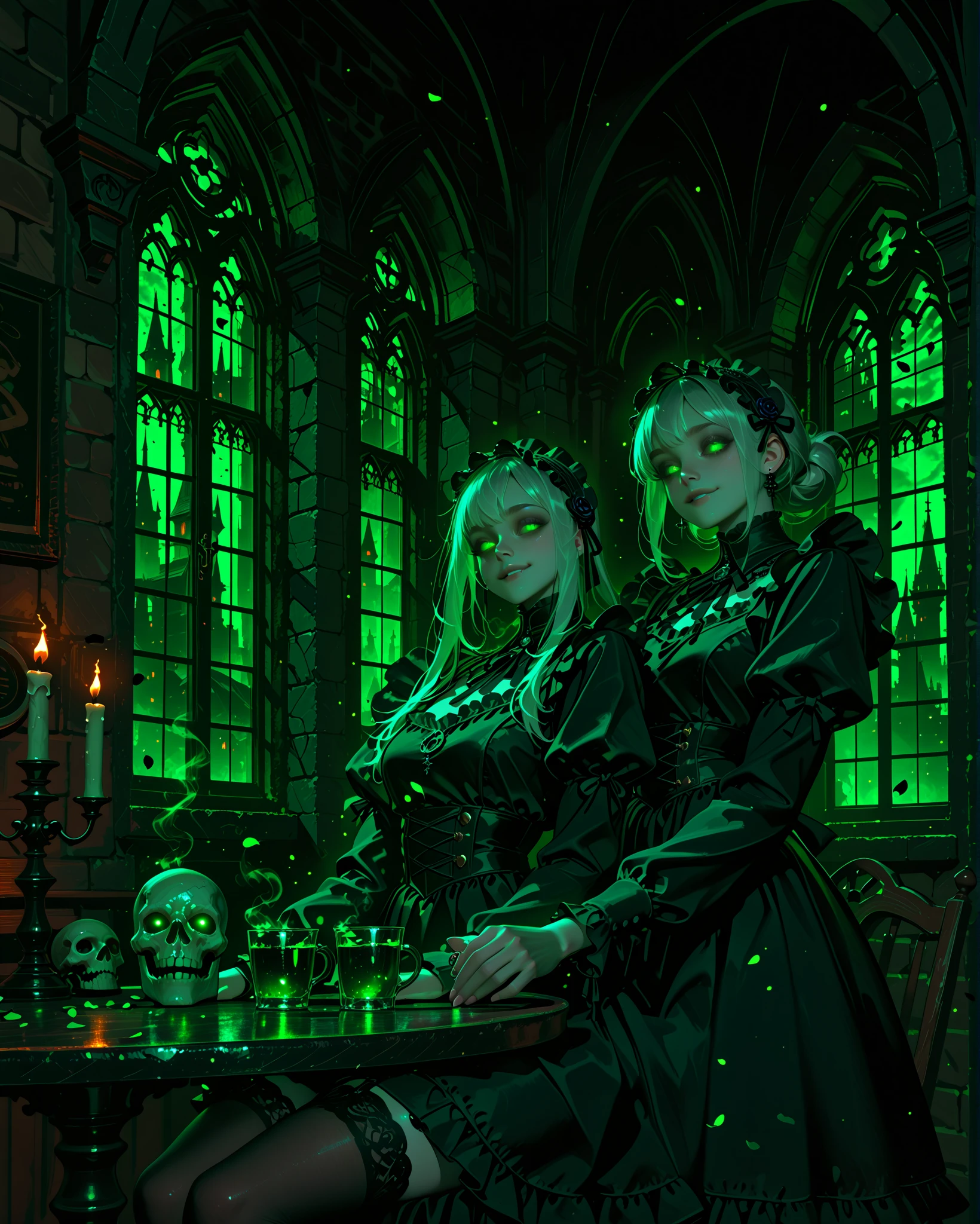 An otherworldly lotion shoppe, Gothic, alien, decrepit, ghoulish, sensual, effervescent, stylish, Royal grandeur, intricate, sophisticated, dark, a witches laboratory, mystical, wizardly, scientific, creatures in jars, majestic architecture, experiments, beakers, bubbles. A lotion store where magic spells are sold.