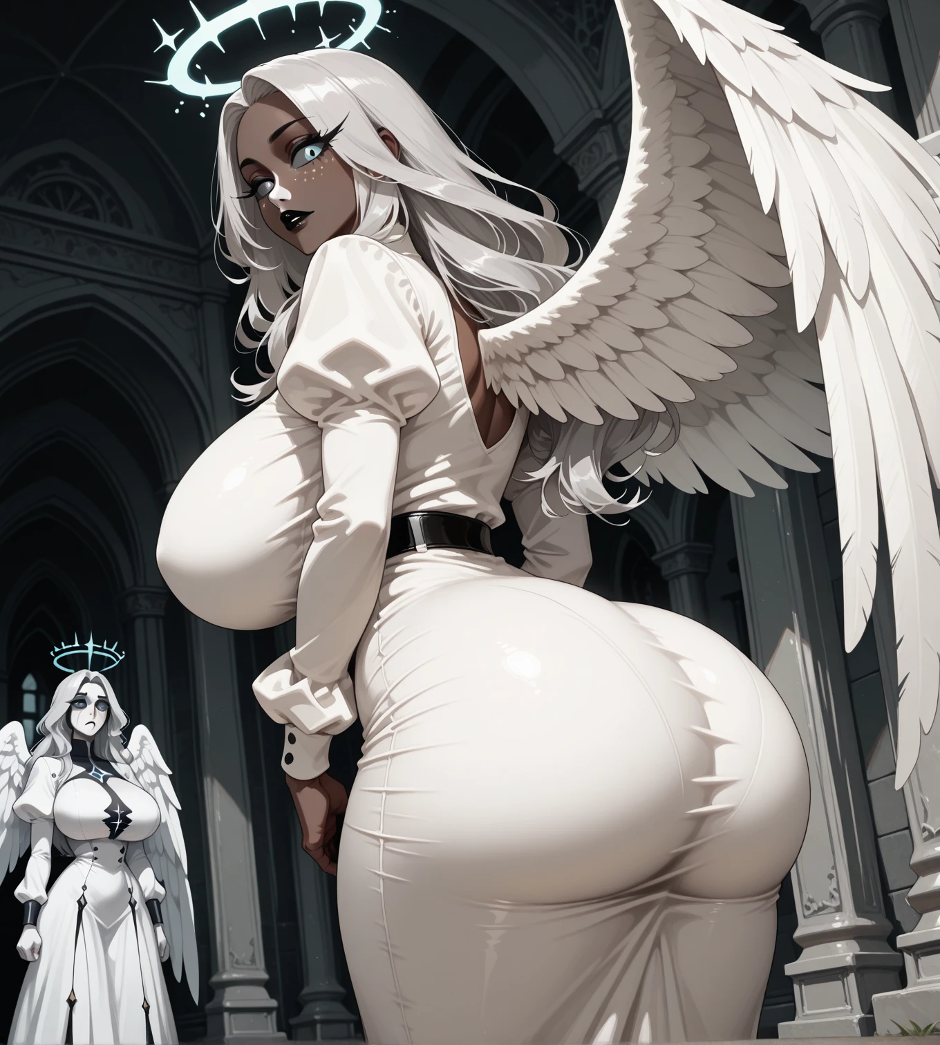 An arabic woman, milf, with big natural breasts, big rounded ass, wide open mouth, wear silk hijab, face veil, white bikini, white garter belt, white stocking, white 7 inch high heels, fake wings, standing in the middle of an old roman city