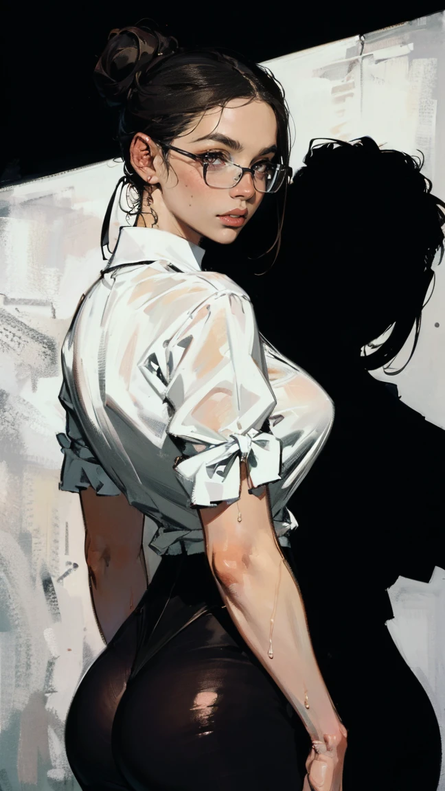 ((best quality: 1.5)) ((masterpiece)), intricate details, soft focus, professional, real life, realistic representation of the face, dim volumetric lighting, dynamic pose, in the style of realistic and hyper detailed renderings BREAK woman (Ultra detailed skin), pale skin, (super thin hair),(ultra soft hair),(ultra straight hair:1.5),Swept long bangs,black,Hair over one eye,blue eyes, glasses, black, straight and silky defined hair long white t shirt until thighs, (White shirt, naked lower body, torn, mid-chest torn shirt, no underwear, shirt covers photorealistic, hyper-realistic, 8K