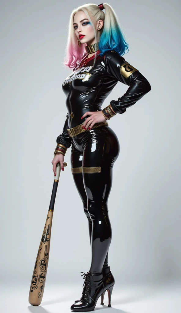 1solo Milf full body standing straight symmetrical, looking at viewer, hands on hips, twin drills twintails, striped pantyhose, golden handcuffs on their hands with a black leather collar around the golden heart necklace and solo girl looking to the camera, cow bell choker, metal sandals, black thigh highs, hands on hips, lustful smirking smile face red blushed