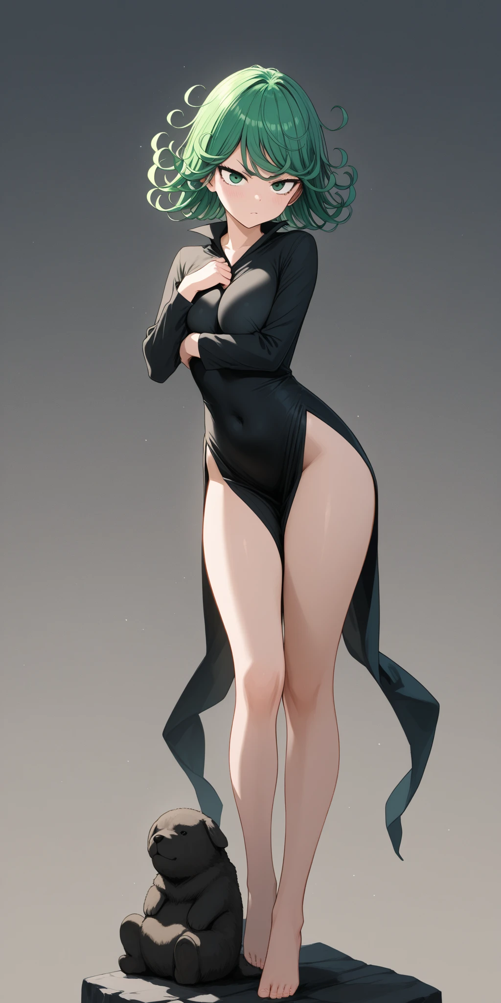 (best quality、Unity 8k桌布、32k、on the table、super detailed、ultra high resolution、Impressionism、realism:1.2)、Dynamic lighting、Dynamic shooting、Detailed 3D rendering、、The slender one、medium bust、whole body、 、Skin is super delicate、、(thighs thighs thighs thighs:0.9)、dynamic poses、barefoot,black cheongsam,Mechanical,accurate body,facing the audience,Details folded,