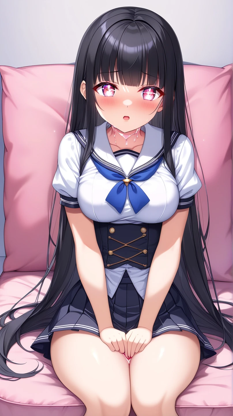 (8K、Highest image quality、highest quality、masterpiece)、detailed face、1 girl、black hair、((twintails))、gray eyes、((evil smile))、grin、blush、((small breasts))、((serafuku))、long sleeve、((pregnancy))、open legs、((white panties))、arms behind back、Take from below、sit on the bed、bedroom background、((nsfw))