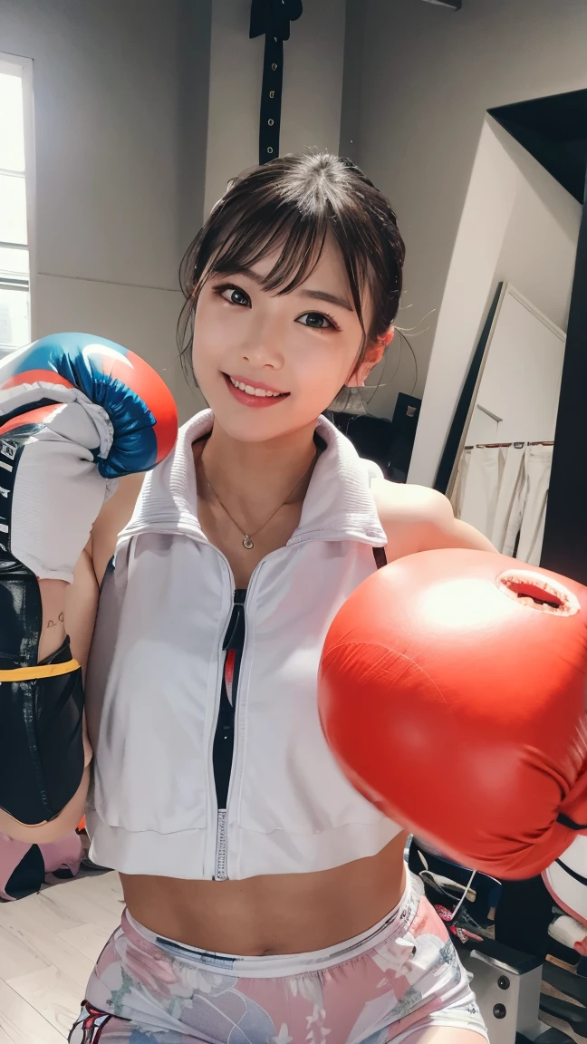 (masterpiece:1.3), (8K, Photorealsitic, Raw photography, Top image quality: 1.4), Japan high school girls、(Random hairstyles:1.2)、(small tits:1.3)、Super Detail Face、Eye of Detail、二重まぶた、foco nítido:1.2、prety woman:1.4、light brown hair、Yokai Maki、top-quality、masterpiece、超A high resolution、(Photorealsitic:1.4)、very detailed and professional lighting、slender、(Outstanding smile:1.8)、(eye line:1.3)、(Looking at the camera)、Fitness Club Background、Hair in a ponytail、Sportsbra、Short pants、(Sweating:1.8)、Flushed face:1.5、((Punching at the cameraman:1.5))