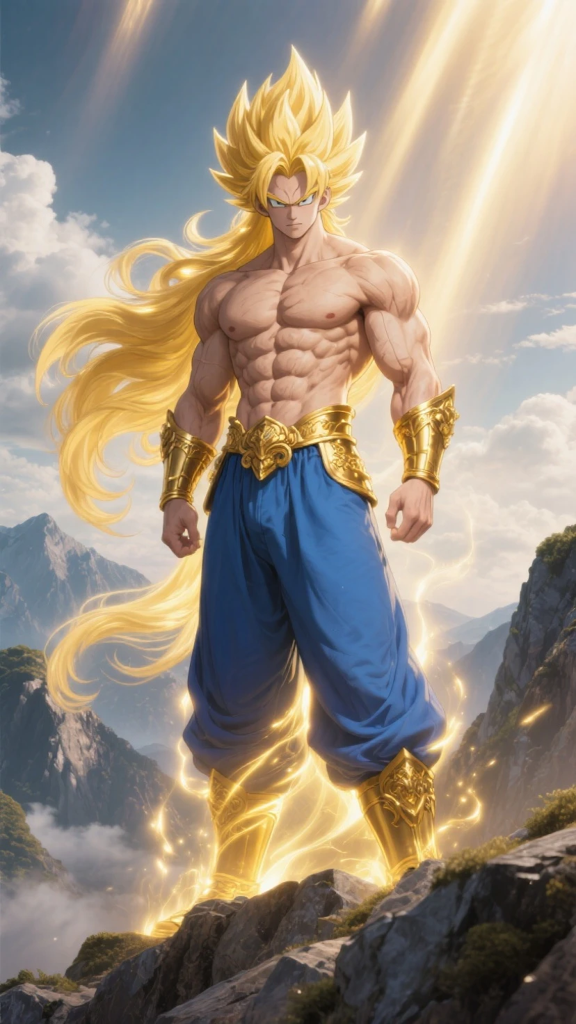 Ax-Battler is a 30-year-old imposing and fearless warrior. He is Nordic, has a tall stature, an athletic body with very robust and well-defined muscles. Her long, blonde hair falls over her shoulders, giving her a wild and untamed appearance. His blue eyes are piercing, he wears blue swim trunks, blue boots, silver bracelets and a golden necklace. On his belt, he carries small talismans and amulets. His countenance is serious. He is Arms crossed, posing for a photo, Ultra Realistic Style
