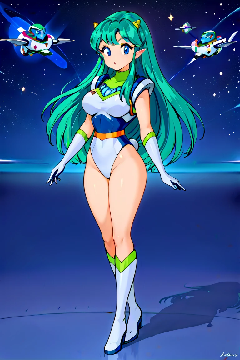 medium breast, god rays, ray tracing, sparkle, cinematic lighting, UHD, retina, masterpiece, ccurate, anatomically correct, textured skin, super detail, high details, high quality, award winning, best quality, highres, 1080P, HD, 4K, thunder aura, light aura, lum, bikini, urusei yatsura, full body,