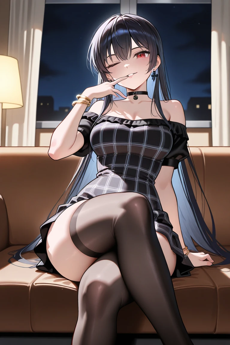 (((Masterpiece))),(((Super Detail))),(((in 8K))),(((best composition))),(((Rim lighting,Fireglow effect,deep shadow))),solo,(Hatsune Miku:1.0),Beautiful fingers,Detailed finger features,(Detailed hair features:1.7),(Dynamic and sexy bending pose:1.3),detailed facial features,detailed clothes features, (perky chest:1.1), (pointed chest:1.3), delicate beautiful face, Bright blue eyes, cute eyes, sparkling eyes, Big eyes, beautiful detailed eyes,double bun with glittering hair ornament,(super detailed glossy skin:1.3),slender body,(small breasts:1.2), (perky chest:1.2),goddess smile,((with sparkling eyes and a contagious smile)),beautiful posture,have a cup of coffee,black hair, green eyes, dress, bare shoulders, jewelry, collarbone, sidelocks, hairband, earrings, indoors, off shoulder, sweater, arms behind back, plant, short hair with long locks, white hairband, off-shoulder dress, sweater dress, off-shoulder sweater, red sweater, big side hair, very long side hair,seductive cleavage:1.1,beautiful glossy legs,shiny red high heels,lifting dishes with cakesd,in a french restaurant,hustle and bustle,rising steam of a coffee,looking at viewer,