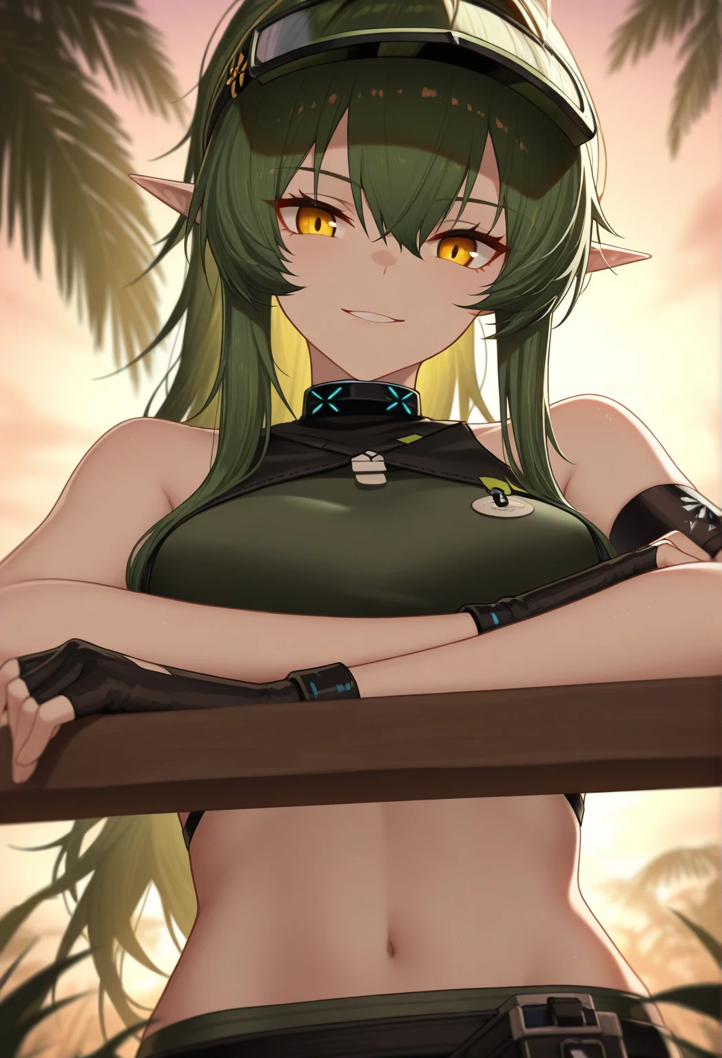 ((nsfw1.5)) masterpiece, best quality, highres, 1girl, elf, pointy ears, green hair, long hair, green eyes, hair bow, black gloves, brown shorts, locks, cape, green thighs, short shorts, belt, small breasts, cowboy shot, forest, sitting, defined legs