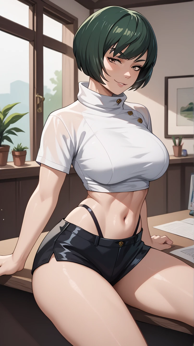 woman, 26 years old, kitten pose, cat ears, short hair, perfect hands, perfect fingers, perfect body, sensual cleavage, medium breasts, red shirt, wearing tight black shorts, sexy shorts, vinyl shorts, Ultra HD, image 4k, best image quality, (fidelity: 1.4), photoreal, light green eyes, eyelashes, beautiful pupil, shadows, slight blush, delicate facial features, reasonable facial features, exposed waist, natural poses