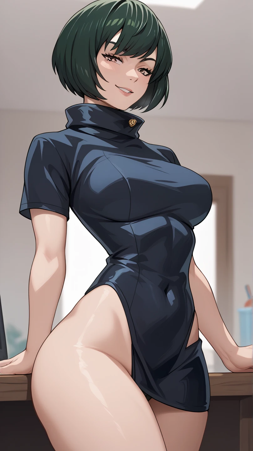 (perfect body),highest quality,(8K portrait),(official art)、(((muscular)))、(police hat)、embarrassing、V-shaped eyebrows、(((blush))),(Sweat),((((big breasts))))、((big ass))、(black hair),((bob cut)), blush,short hair, (yellow eyes),(((thick thighs)))、navy blue jacket、(((navy blue leotard)))、(((from behind)))、(((look away)))、squat、in the street