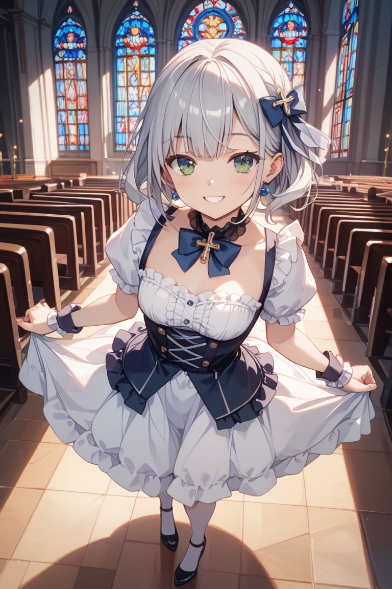 (((masterpiece))), (((Highest quality))), ((Very detailed)), ((Very detailedなイラスト)), ((Ultra-fine painting)), (16K Highest quality wallpaper:1.4), (Detailed and elaborate illustration style,:1.8) Detailed skin texture, High quality fabric, , (T-masterpiece), (Very detailedな顔:1.4), original, RAW Photos, Professional, Intricate details, Very detailed, Direct sunlight:1.6, ,(Cowboy Shot:1.9)、(Perfect Anatomy:1.4), (Extremely elaborate hands:1.2), (Very elaborate fingers:1.2), (Very elaborate fingers先:1.2),, (alone:1.6), (beautiful and adorable cat ears:1.6), (Intricate and delicate white cat ears:1.5), (beautiful, Shiny white hair:1.6), (Very thin and delicate white hair:1.4),, (Very detailedな顔:1.4),(Light purple eyes:1.6),(smile:1.4),(ponytail:1.7),(wariza:1.9), bangs, black choker, black tie, blonde, blue skirt, blush, bracelet, chest, choker, clothes Surrounding area waist, clavicle, collared shirt, Cowboy Shot, dress shirt, ear Earrings, Eyebrows visible through hair, Gradient Hair, Grin, Improve, jewelry, Kogal, Long Hair, View your audience, loose tie, tie, Earrings, Plaid, Plaid skirt, pleated skirt, Red eyes, ring, , shirt, skirt, smile, alone, white shirt, street, null, ((((Church with stained glass))))shape, (((Wedding dress)))、woman, Vibrant, Costumes, stop temporarily, front, colorful, dynamic, background, element, Be confident, performance, Holding, statement, accessories, Majestic, Coiled, Surrounding area, touch, scene, article, cover, bold, to attract attention, stylish,big, impressive, Modern, tendency, concentrate, fashion,(((chestの谷間)))、(((Pink Panties)))、