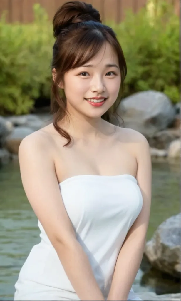 22-year-old girl, with gray eyes, pale white skin, normal body, smiling, black hair, photo taken with an ultra-realistic professional camera, very Victorian-era clothing, she is in a pond with flowers