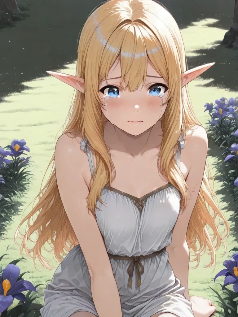 score_9, score_8_up, score_7_up, masterpiece, source_anime,1girl,detail eyes,iris, shed tears,Hiding in the grass,flowers,