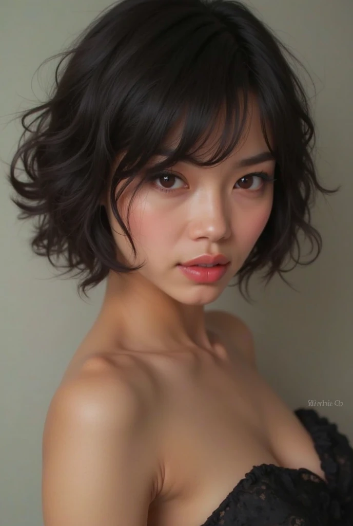 there is a woman with a very large Ondulado hair posing for a picture, Ondulado middle part haircut, piel clara, cuánto, Retrato de Sophie Mudd, Ondulado and short top hair, Ondulado haired, Piel aceituna, dark short Ondulado hair smiling, short black Ondulado hair, short Ondulado hair, Ondulado, black Ondulado hair, Ondulado bangs, cara sexy con maquillaje completo