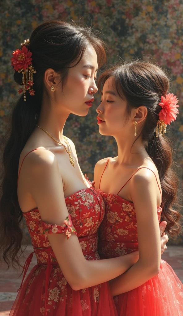 Gentle and lovely Chinese beautiful woman, full body photo, delicate sexy collarbone, charming goose egg face, double eyelids, flexible peach blossom eyes, pink lips, small upturned nose, bare shoulders, focused face, face close-up, ultra HD, super details, elegant standing, cleavage, bare legs, sexy, (couple hugs), man muscle naked