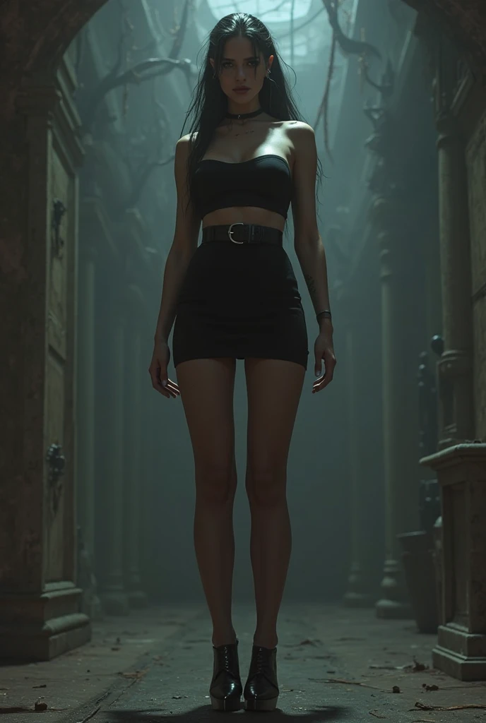 il y a une femme en body noir debout dans une grotte, succube en robe courte moulante, morts ou vivants 6, A sexy maid in a magical forest, jeu de style square enix, pose de lancement de sorts, capture d'video game screen>, 2b, 2 b, debout dans une grotte, dans un donjon, dans le jeu capture le rendu 3D, style final fantasy 14