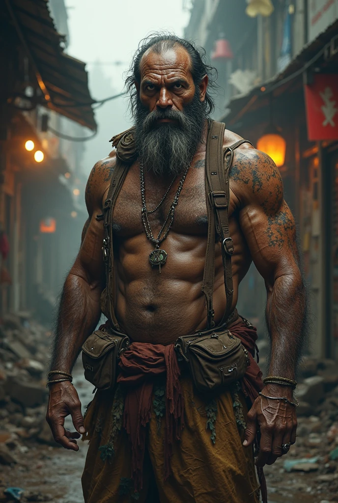 white man with defined physique, hairy, wavy brown hair, bearded, loose gray pants, torn, dirty with dirt , beggar , beggar appealing , homem beggar , beggar gostoso ,beggar sujo, homeless , appealing , poor area of the city , nightfall