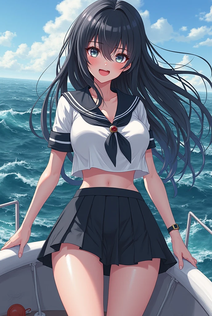 ((Top quality)), ((masterpiece)), (details),
High resolution, super detailed, very detailed CG Unity 8k wallpaper, real, photorealistic,
Beautiful fine face, detailed face.
Pale skin, realistic shining skin.
Detailed fabric texture, detailed hair texture.
(Eyes with attention to beautiful details: 1.5),
(Small hand), ((perfect hand)).
Slim legs, detailed legs.
((Perfect Anatomy)).
Perfect lighting.
Break
A girl,age:16
(Black hair:1.3),
Medium Hair, Perm Hair,
((smile:1.2))
((Black eyes: 1.2), pink highlights)
(Slender: 1.1), (Big chest: 1.2),
(Big butt: 1.2),
(Pluffy thighs: 1.2).
Sailor cap,, sailor suit, traditional Japanese style with navy blue and white colors, detailed ribbon and pleated skirt
((String panties:1.2), (white high socks:1.3),
Arched Backing,saluting,
Break
((Full body shorts)),
Background On the sea, ride the floating ring of the shape of a ship,
Wave splashes fly, summer daytime,