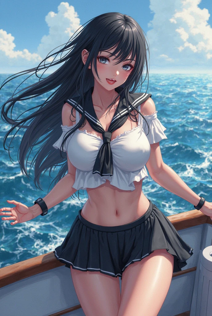 highest quality、High resolution、detailed background、Super detailed、beautiful and detailed face、beautiful and smooth skin、skin texture、professional lighting、Beautiful age girl、(huge breasts:1.1)、black hair ponytail、sexy sailor suit、Wet白い薄いセーラー服、Wet白い薄いプリーツのミニスカート、Thin white knee high socks、sleeveless、emphasize the chest、underboob、legs open、panty shot、cute、Raise your arms and show your sides、Thin white panties、lying on the beach、
全身がWet、My clothes are Wet and transparent、Wet、soak in water、See through、
Staring at you with cold eyes and a sexual expression、panty shot、camel toe