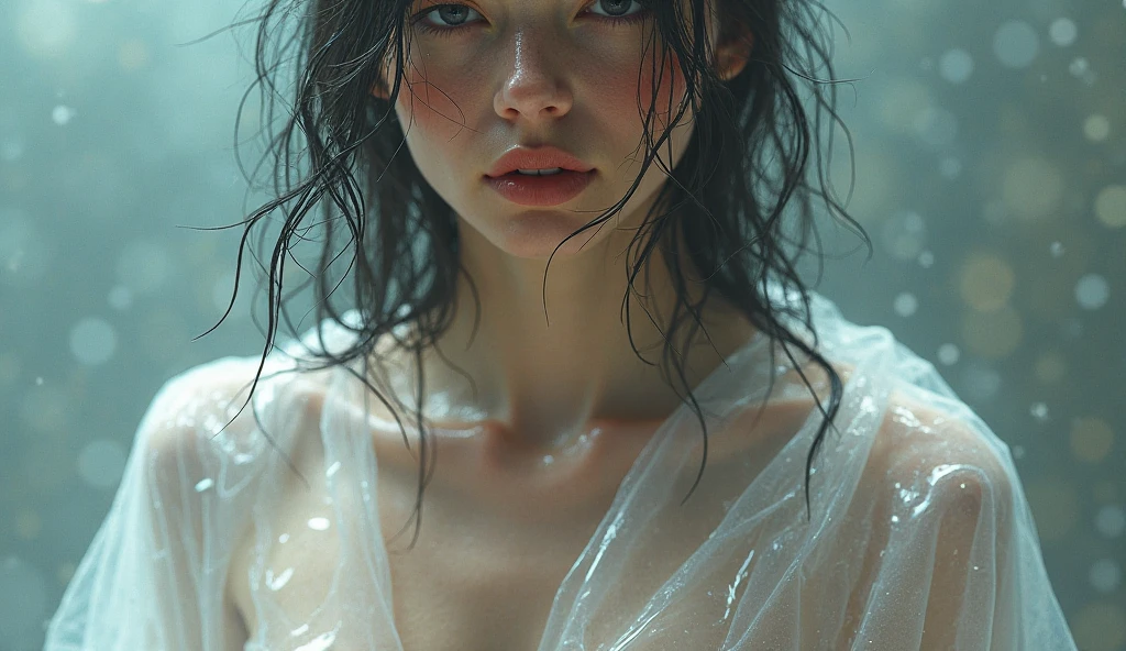 Best picture quality, masterpiece, ultra high resolution, (fidelity :1.4), photo, 1 girl,[(sadness)],white shirt, Dim, dark, desperate, pitying, pitiful, cinematic,tear,teardrop,(Torn clothes:1.5), (Wet clothes:1.4), bare shoulders,Real rain,wet hair,..