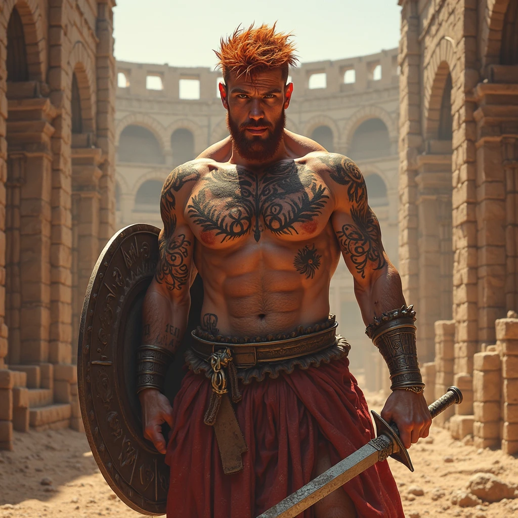 A white man/brown skinned, with a serrated beard, redheadwear, Spartan style, with defined but not exaggerated muscles, Hair cut in a gradient style in light brown color, a tattoo on the shoulder/left chest extending to part of the neck, this tattoo is a lion representing Jesus Christ, This lion must have scars and very vivid blue eyes, but must have a serene countenance, for he knows that he is the Lord of us all, in front of him a knight, wielding a sword and shield, with a serene countenance but ready for battle because he knows that God, Our Lord is with him all the time, on this knight&#39;s shield there must be writing exactly like this "I didn&#39;t tell you to be firm and courageous? proto, I have bravery and determination, because Yahweh is with me wherever I go". The part of this tattoo on the neck should only cover part of the side and not the entire neck., as if it were something to draw attention, cause curiosity, considering that a simple t-shirt hides the entire tattoo, minus the neck part.