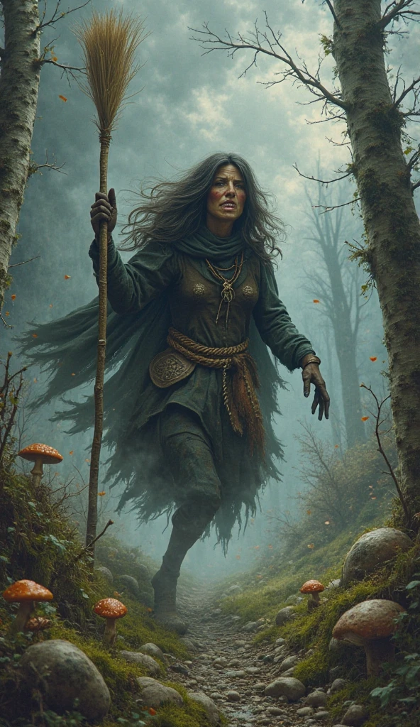 a woman in a brown dress holding a black bird and a stick, portrait of a female druid, female druid, beautiful female druid, Norse goddess, druid goddess, female viking, female earth mage, Gothic maiden shaman, elf priestess, pagan goddess, female mage, a druid, woman forest hunter lady, human :: sorceress, sorceress woman, beautiful female druid,  Woman in brown robe, animal skin cover on back, female shaman image, photogenic details on clothing, worn garment, Heartfelt RAW cinematic portrait photo, full body photo of Druid 55-year-old girlboss (highly detailed skin: 1.2) ((woman)) Girlboss in a (animal skin costume) in (((Game of Thrones medieval Westeros walking in forest)) 8K UHD,  dslr, soft lighting, high quality, grain film, Fujifilm XT3 perfect open eyes, serious face, serene look, digital illustration, dark blue tribal tattoo on face, necklaces, leather bag hanging next to body, barefoot, radiant eyes, black eyes, swampy forest, mist, detailed water reflection, damp floor, mud, tattoo on face, blue tattoo on face,  tribal tattoo on skin, detailed tattoo, dark blue tribal tattoo