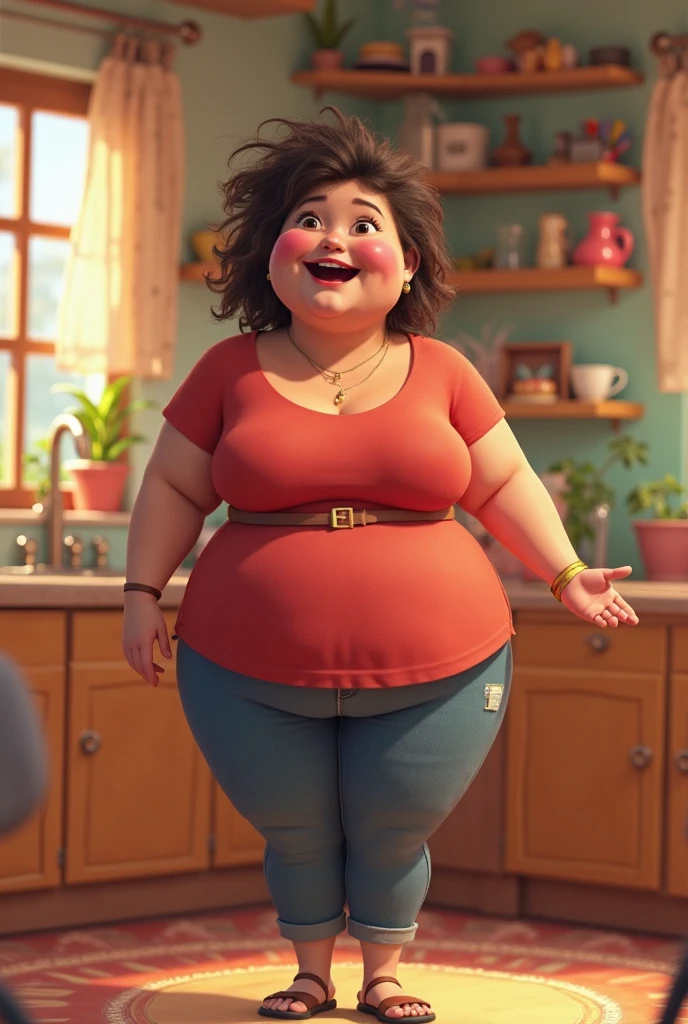 Mary, aged 50, brunette skin, gorda, voluminous breasts, black, curly hair tied behind the head, doing selfie ,wearing a knee-length dress, pixar 3d illustration print