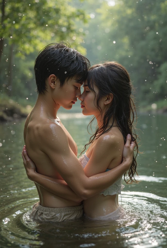 a couple of very thin heterosexual Thai teenagers, 12 year old lovers, a very thin heterosexual Thai teenager, 12 years old, flirting and hugging from the side at the waist a very thin heterosexual Thai teenager, 12 years old, both of the same height, both with very thin and slender, naked, wet and barefoot. They face each other face to face, with their bodies pressed against each other sideways, the boy's belly touching the girl's belly and the boy's legs touching the girl's legs and the boy's genitals touching the girl's genitals. Both are the same height. They look at each other sensually, face to face, kissing each other on the mouth and hugging each other around the waist. They are standing in a huge shallow lagoon. There is a dense forest around. The boy has an erect penis and the girl has a vagina. The teenage couple, the boy and the girl, are completely naked, with their bodies wet. And they wear black bracelets on their arms.