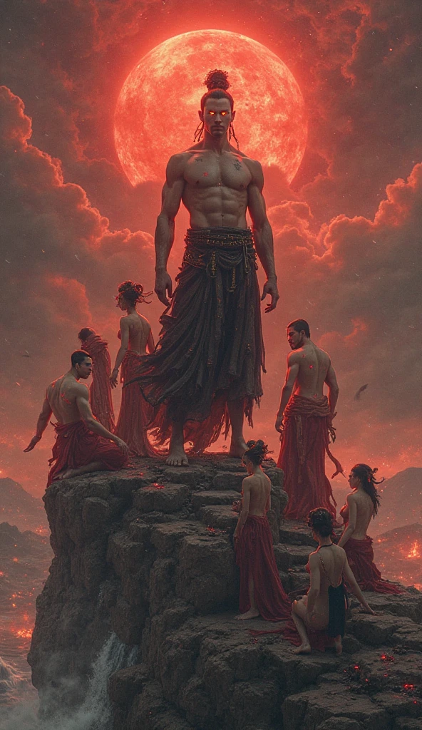 bald, with a neat beard, muscular man of 30 years old, serious concentrated face, rises from the ashes, rises from his knees, from all sides a crowd of different people men and women, shouting something at him condemning, focus on the man, shooting from below, oil painting
