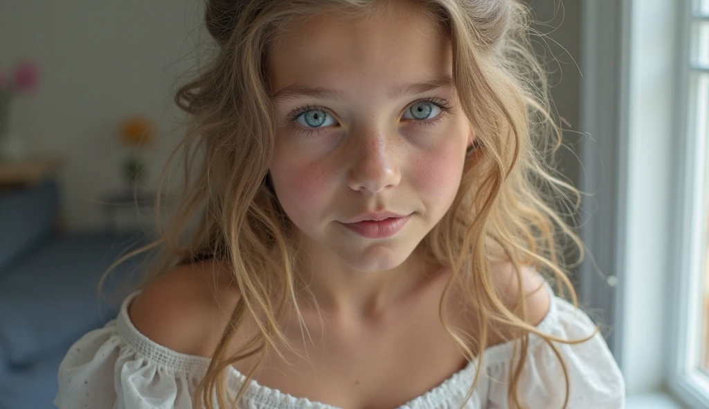 Criança blonde de 5 anos, blonde, children , french, paris, greenish blue eyes, clear eyes,  red cheeks, spots on the face, eyes large, rabbit teeth. White and pink floral dress, looking forward, Holding flowers.