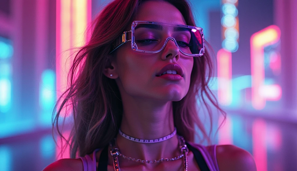 Close up portrait, Liv Tyler, pink bodysuit, virtual reality glasses, posing against a background of graffiti, looking at the viewer, cyberpunk style, neon lights, neon light passes through the hair, depth of field, bokeh
