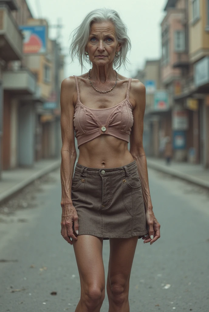 (NSFW:1.5), 1 female, Prostitute, Japanese, Age 60, Mature Woman, Streetwalker, White low rise mini skirt, The miniskirt is short, exposing her belly button and lower abdomen., The miniskirt is made of thin stretchy material that cuts into the skin., The miniskirt is made of see-through fabric with a plant pattern., White stiletto heels, Heavy makeup, Tired face, Short hair bleached light brown, background：dark back alley