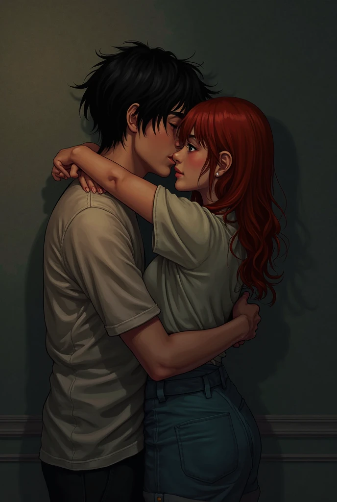 They are on the steps of a staircase and a black-haired boy is carrying a red-haired girl on his waist with tattooed arms.,They both have their eyes closed, He smiles, She has her head on his neck hugging him, He has his hands on her waist and she has her hands in his hair