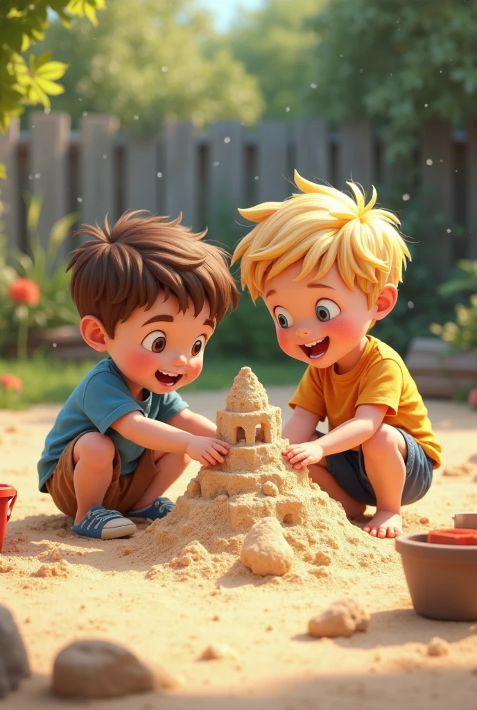 Two boys playing with each other at the beach. One was focusing on his sand built while the other one was busy looking at another boy