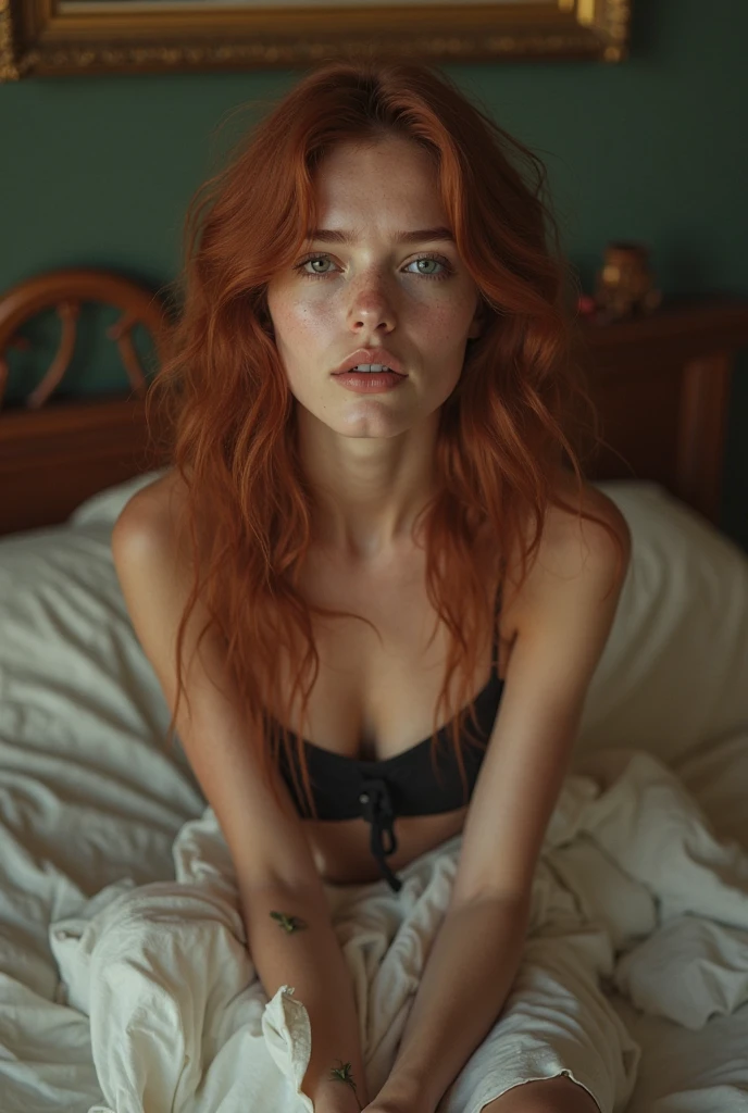 beautiful girl naked, looking at the camera, laying in bed, long red disheveled hair in a ponytail, (bedroom background:1.2), light makeup, highly detailed, fine detail, intricate, beautiful detailed glow, detailed, natural light, highres, detailed facial features, sharp focus, smooth, aesthetic, in a daylight concert, bum, legs, natural breasts