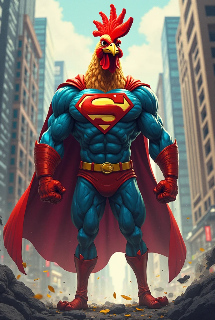 A rooster with a superman body
