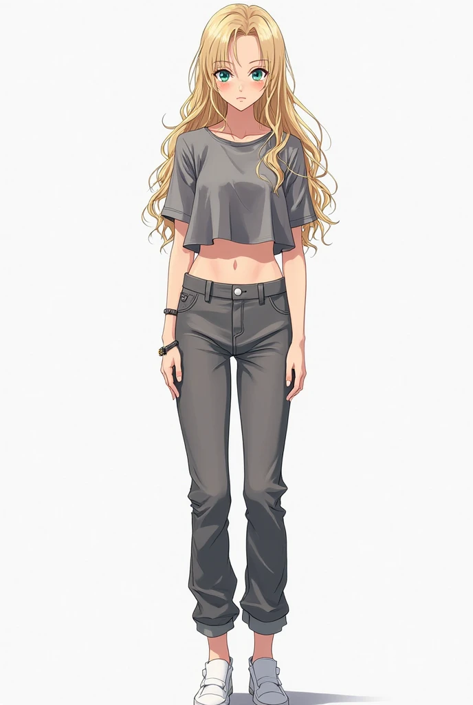 A girl,Has long hair, blonde and coffee,she was a chubby girl ,big glutes and she has a small, defined waist,her legs are thin, just like her thighs,her face is angelic,her clothing style is basic