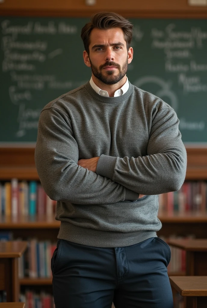 hairy(stocky) hot hunk, teacher, formal wears, open shirt, classroom, blackboard, teaching, beard, dadbody, super hairy body, hairy chest, social pants, dark colors background