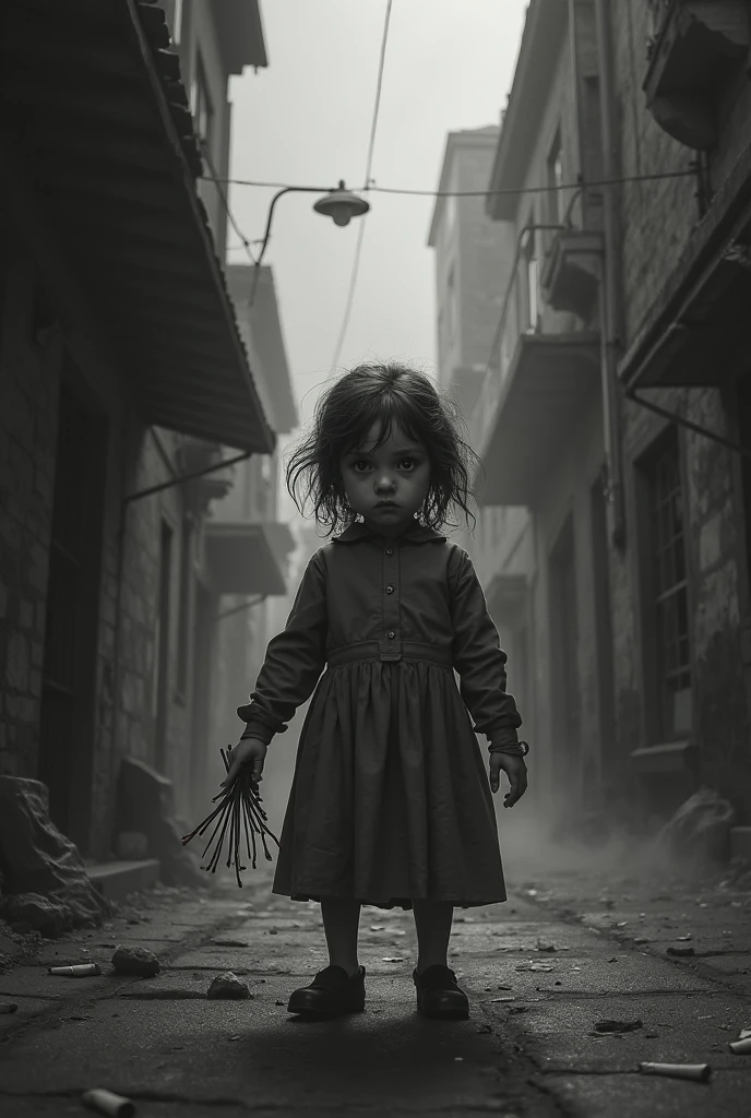 Little latina girl, playing with a small red ball, on the sidewalk, blue dress with white dots