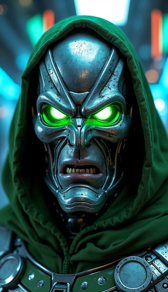 Make an alien race, as if he were a zombie, with futuristic clothes and equipment. an old and necrotic witch. your skin is green and rotten.