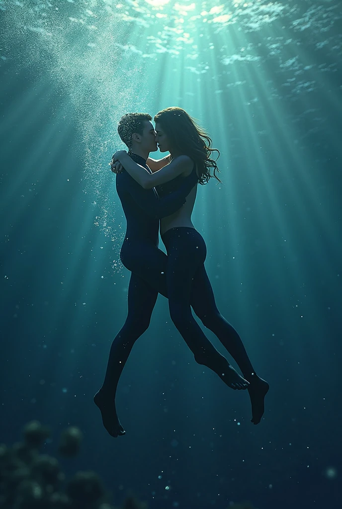 Woman in bikini and man in shorts together under water with handkerchief