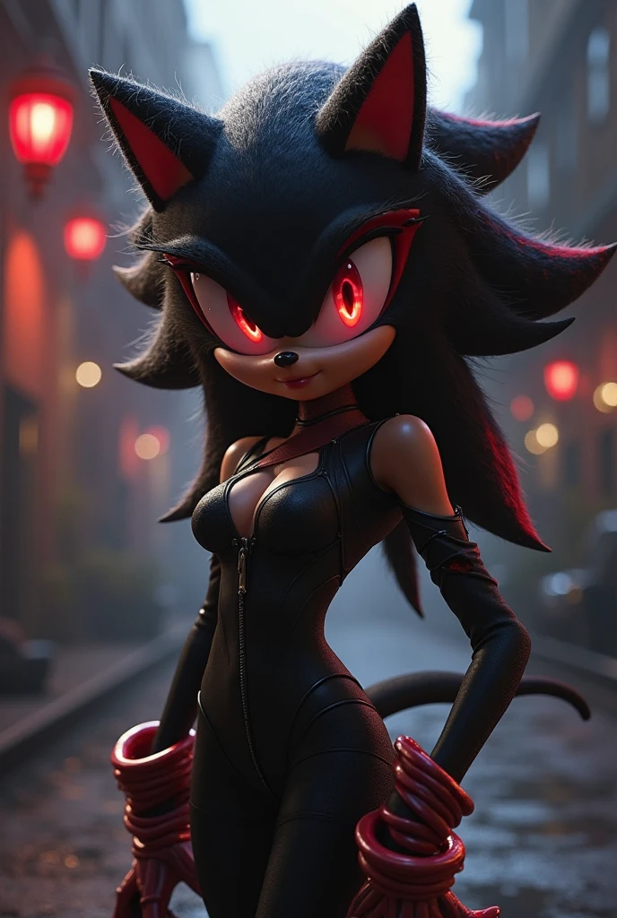 Sonic the Hedgehog Style Image, Shadow the Hedgehog feminina, Female Shadow, portraite, cut the body, bored expression wearing a tight red dress with sweetheart neckline indoors