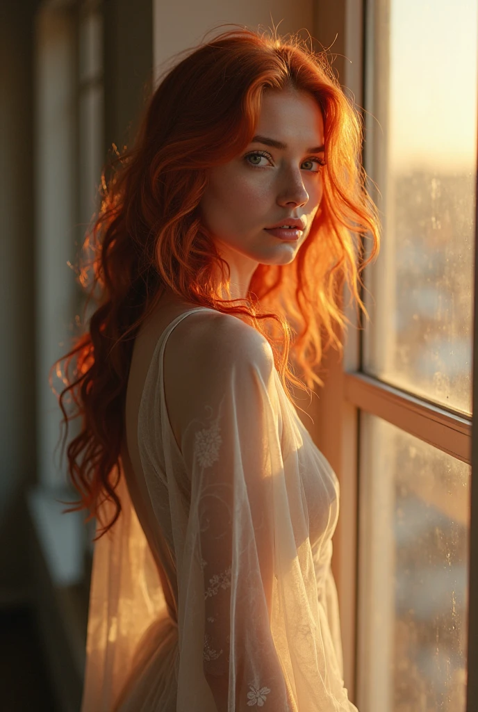 High Resolution 4K Full Body Photo , Photorealistic and anatomically perfect , by a southern European girl aged 18 , She wears only transparent white silk in a penthouse with lots of glass high above the roofs of a city, She stands in the room with her back to the viewer and looks down at the city , you can see your whole body and your beautiful legs, She wears modern hair and body jewelry , She is tanned with brown eyes and light red straight long hair , She presents herself for a professional fashion label -
