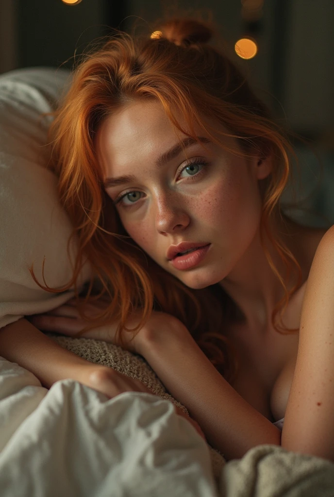 1girl in, age19, Solo, Aesthetic artwork, irish, wavy ginger hair, shoulder length hair, gray eyes, light grey eyes, pale skin, A-cup, small breasts, runners body, (textured skin, skin pores:1.1), goosebumps, taking a close-up selfie photo while laying down in bed wearing green slutty wet crop top t-shirt, see-through green t-shirt, ((nipples poking through)), nipples visible through t-shirt, seductive, sexy photo, not wearing any pants, wearing see-through thong, long legs, small nipples, (extremely detailed 8k wallpaper), soft lighting, high quality, film grain, Fujifilm XT3 sharp focus, f 5.6, 50mm, High Detail, Sharp focus,(natural light), crazy details, complex details, hyperdetailed, close-up, hands hidden