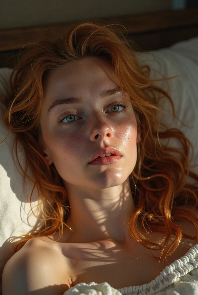 photograph of a redhead woman, blue eyes, freckles, naked between sheets